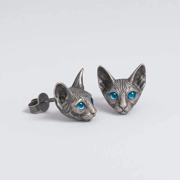 Boucles d'oeilles homme clous chat argent