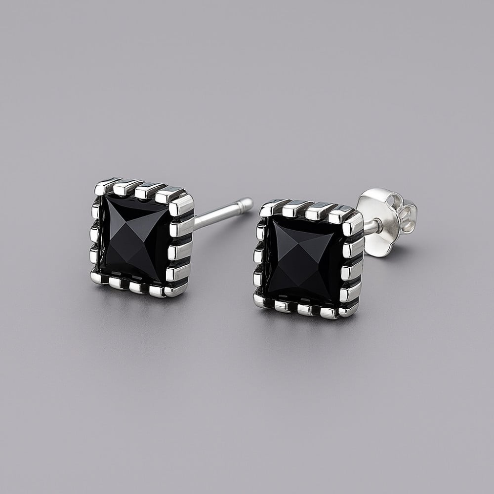 Boucles d'oreilles clous carre homme femme argent zirconium noir