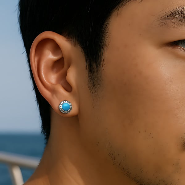 Boucles d'oeilles homme clous argent pierre turquoise