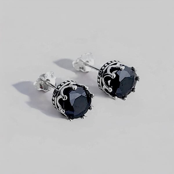 Boucles d'oreilles clous Argent homme couronne zirconium noir - paire