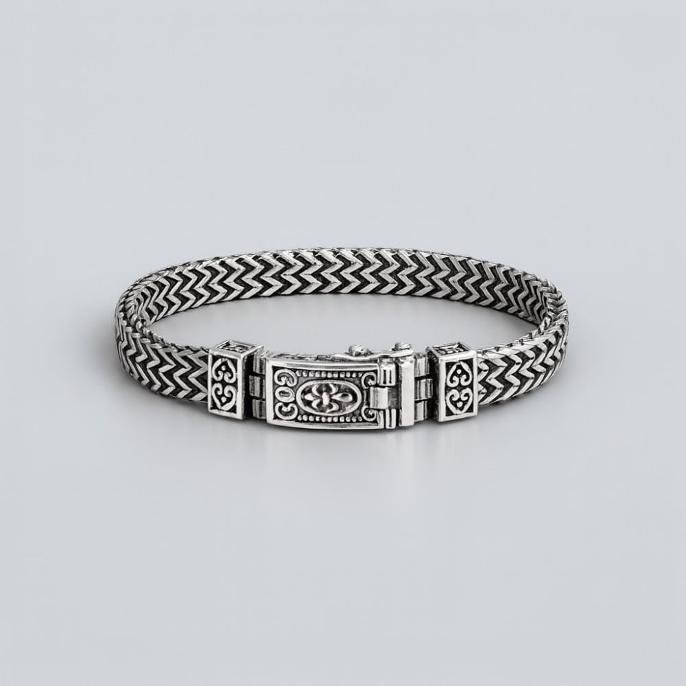 Bracelet homme gourmette biker chaine tresse fleur de lys