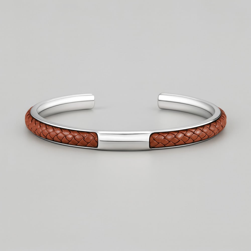 Bracelet jonc cuir tresse acier personnalisable