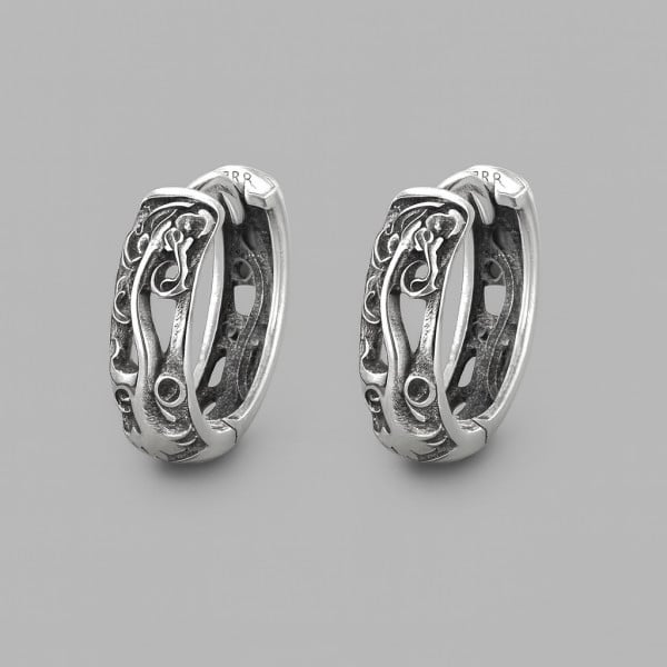 Silver hoop earrings carved dragons zodiac