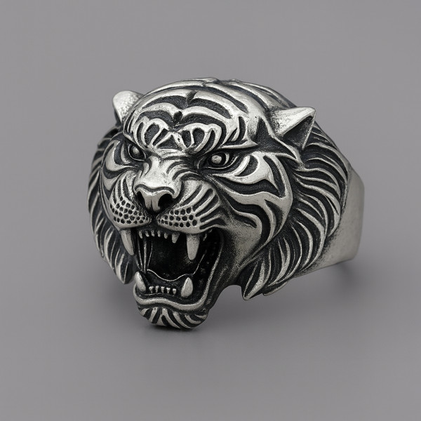 Bague chevaliere argent ouvert homme tigre