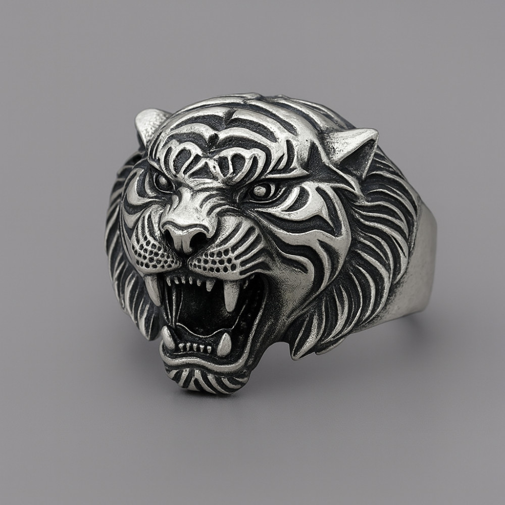 Bague chevaliere argent ouvert homme tigre