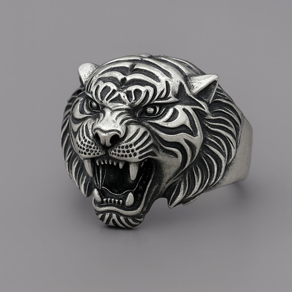 Bague chevaliere argent ouvert homme tigre