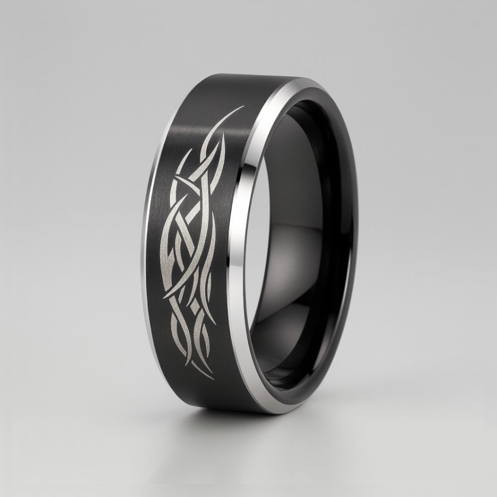 Bague homme anneau noir tungstene motif celtique personnalisable - Main Image