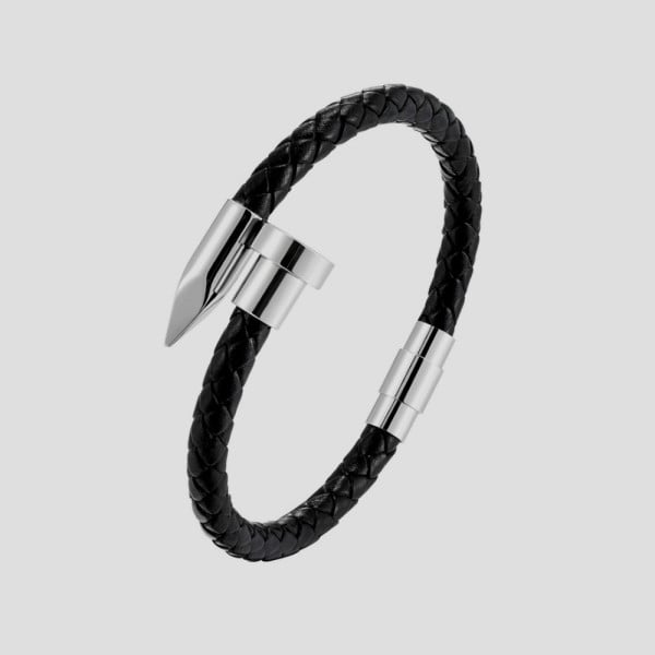 A Bracelet homme cuir tresse jonc clou fermoir acier
