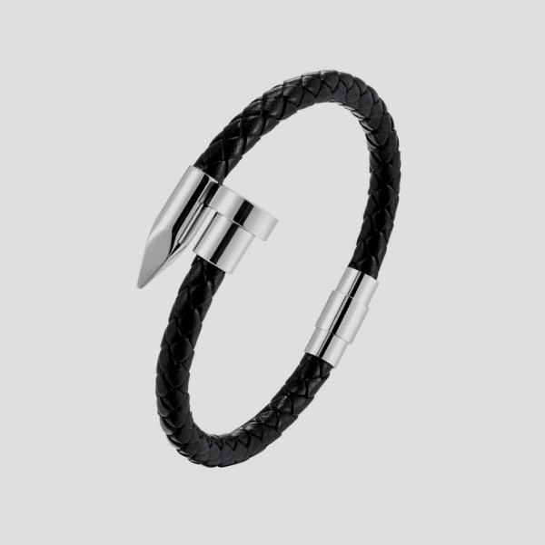 Bracelet homme cuir tresse jonc clou fermoir acier
