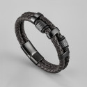 Men's Braided Leather Black Double Cords Stainless Steel Magnetic Clasp Bracelet