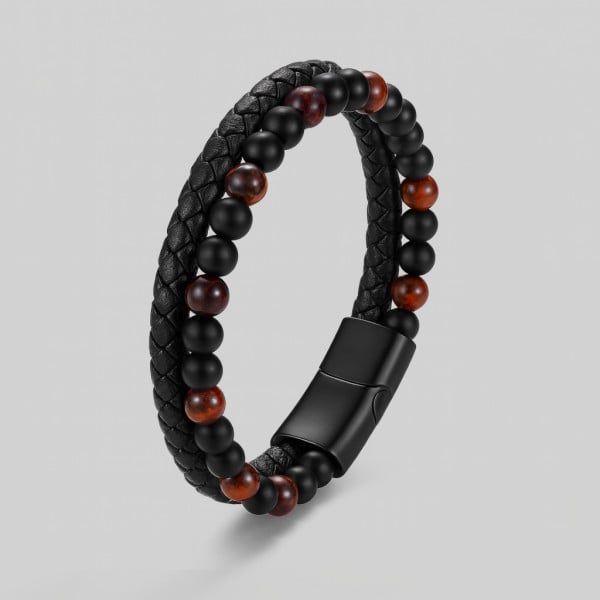 Pulsera de hombre de cuero trenzado con cuentas de ópalo y cierre de acero.
