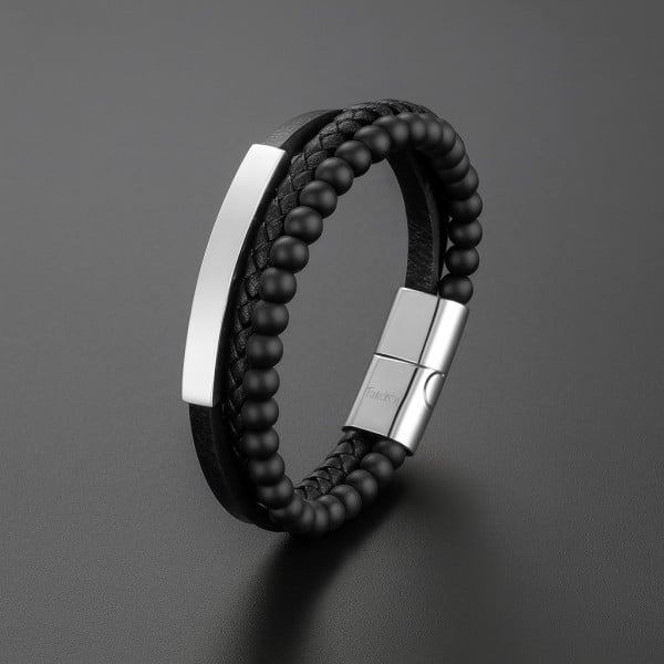 Personalized men's leather bracelet multi line steel curb