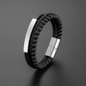 Gepersonaliseerde leren herenarmband met stalen pantser met meerdere lijnen