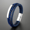 Personalized men's leather bracelet multi line steel curb