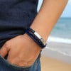 Personalized men's leather bracelet multi line steel curb