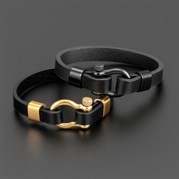 Bracelet Homme Cuir Noir Et Chaîne Acier Doré - 22cm, Fermoir Acier, NEUF Avec étiquettes