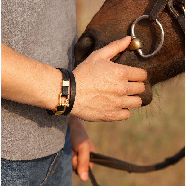 Bracelet Homme Cuir Noir Et Chaîne Acier Doré - 22cm - Biker Style - Neuf Avec étiquettes