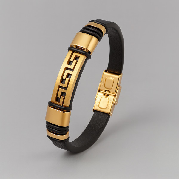 Bracelet homme cuir noir clé grecque