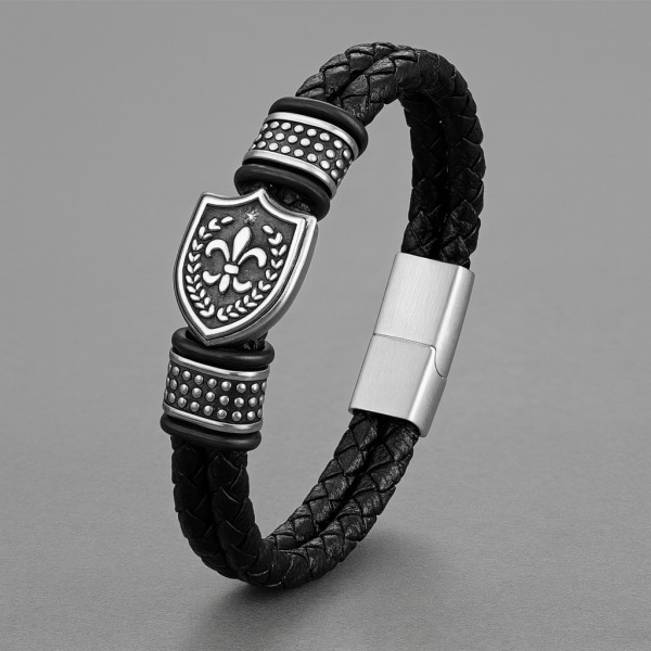 Bracelet cuir tressé fleur de lys