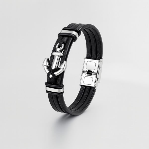 Bracelet homme cuir ruban noir ancre marine