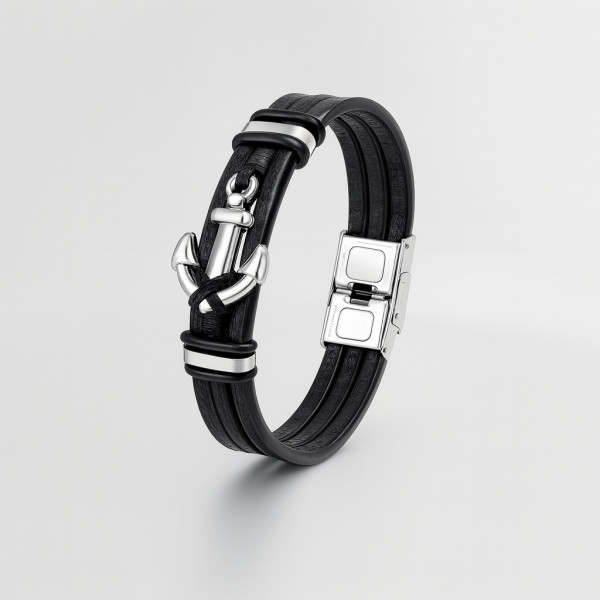 Bracelet homme cuir ruban noir ancre marine