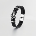 Bracelet homme cuir ruban noir ancre marine