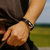 Bracelet homme cuir ruban noir ancre marine