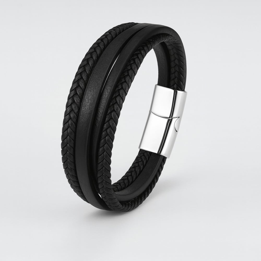 Bracelet Homme En Cuir Marron Et Noir - Fermoir Magnétique Acier Inoxydable