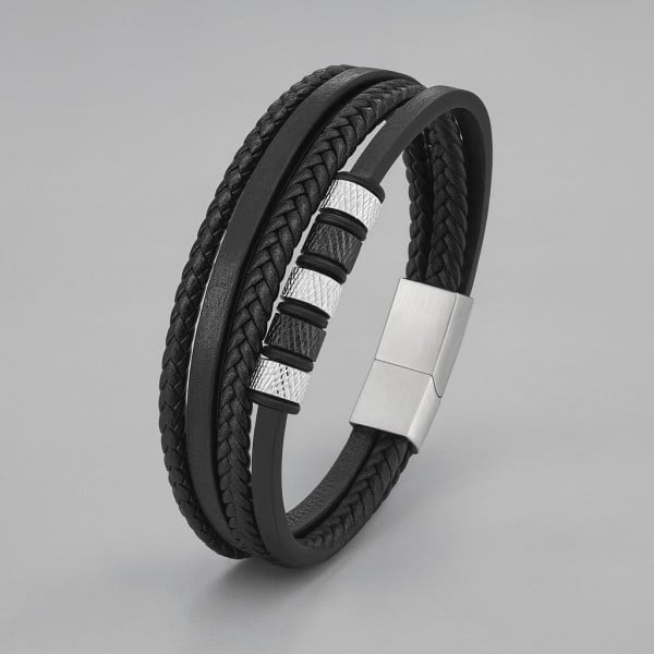 Bracelet homme cuir anneaux acier cable multi-rubans