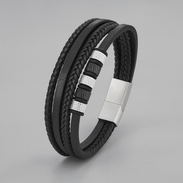 Bracelet homme cuir anneaux acier cable multi-rubans
