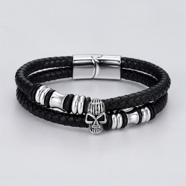 Bracciale da uomo in pelle nera doppio cordino con teschio e sfera in acciaio