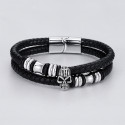 Bracciale da uomo in pelle nera doppio cordino con teschio e sfera in acciaio
