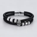 Bracelet homme cuir noir double cordon tete de mort crane boule acier