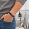 Bracelet homme cuir noir double cordon tete de mort crane boule acier
