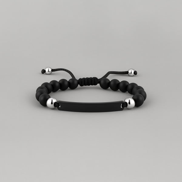 N Bracelet personnalise homme cordon perle onyx noir plaque acier a graver personnaliser
