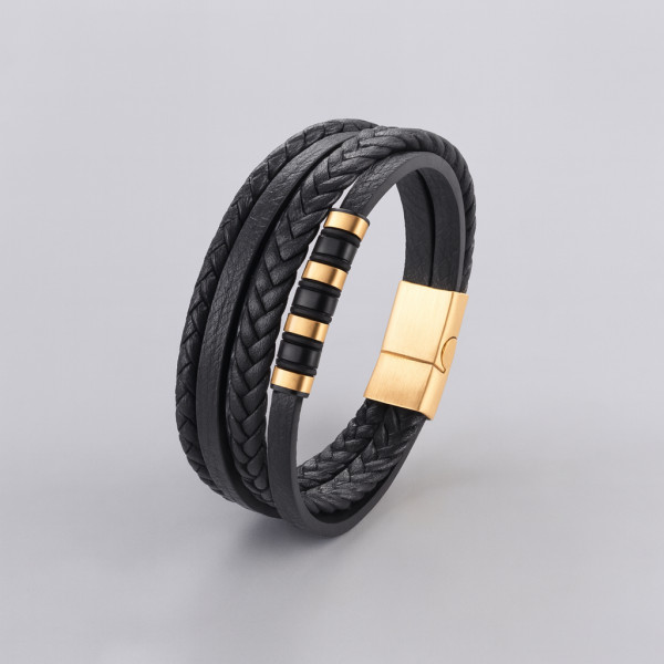 Bracelet cuir noir cordons fermoir acier aimante
