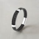 Bracelet homme double ligne cuir tresse noir fermoir acier