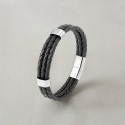 Bracelet homme double ligne cuir tresse noir fermoir acier