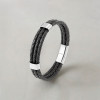 Bracelet homme double ligne cuir tresse noir fermoir acier
