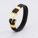 Bracelet homme cordons cuir tresse noir ancre acier