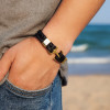 Bracelet homme cordons cuir tresse noir ancre acier