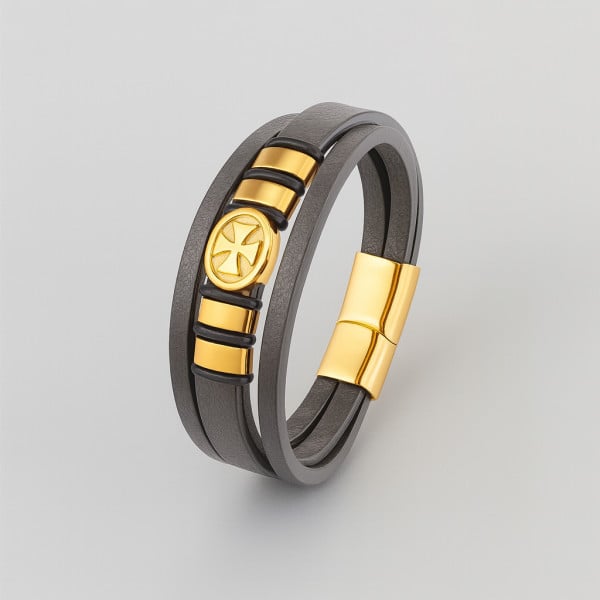 Bracelet cuir noir cordons croix de malte