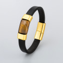 Bracelet homme cuir noir element acier motif grecque