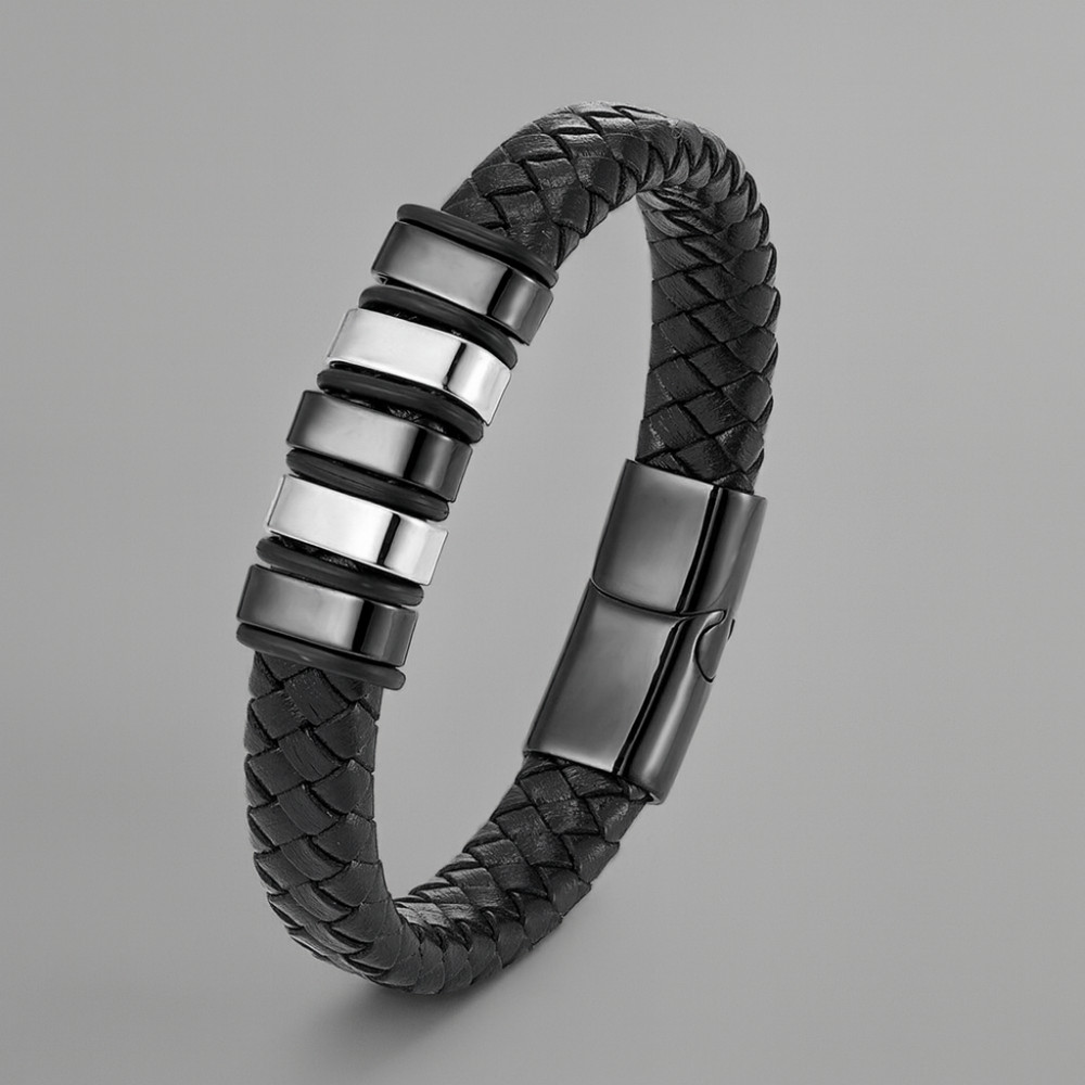Bracelet Homme En Cuir Marron Et Noir - Fermoir Magnétique Acier Inoxydable