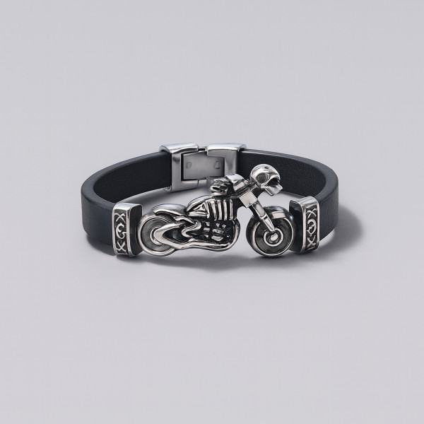 Bracelet cuir noir squelette motard fermoir acier