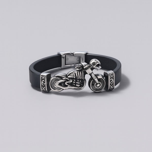 Bracelet cuir noir squelette motard fermoir acier
