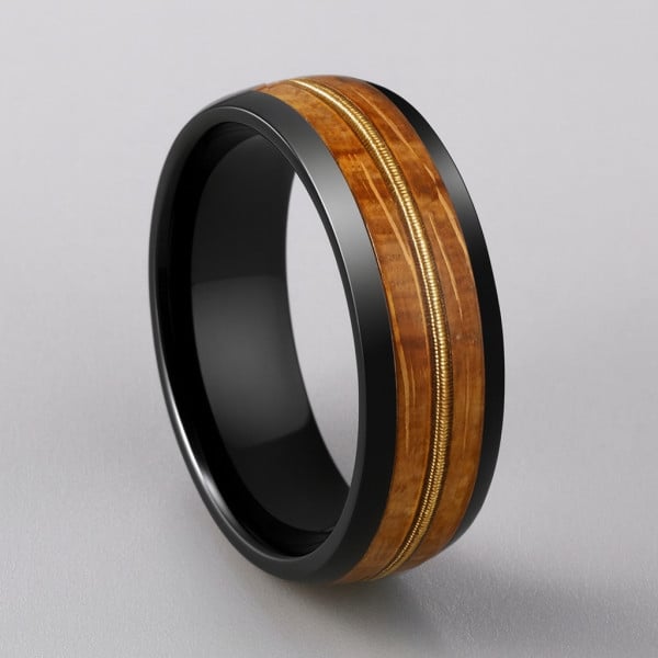 Alianza de boda de cerámica negra con madera de roble (Dupliqué)