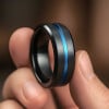 N Bague homme tungstene rainure central plaque bleu personnalisable