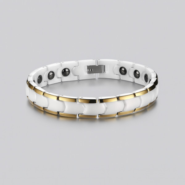 Bracelet femme ceramique blanche polie bords dore magnetique