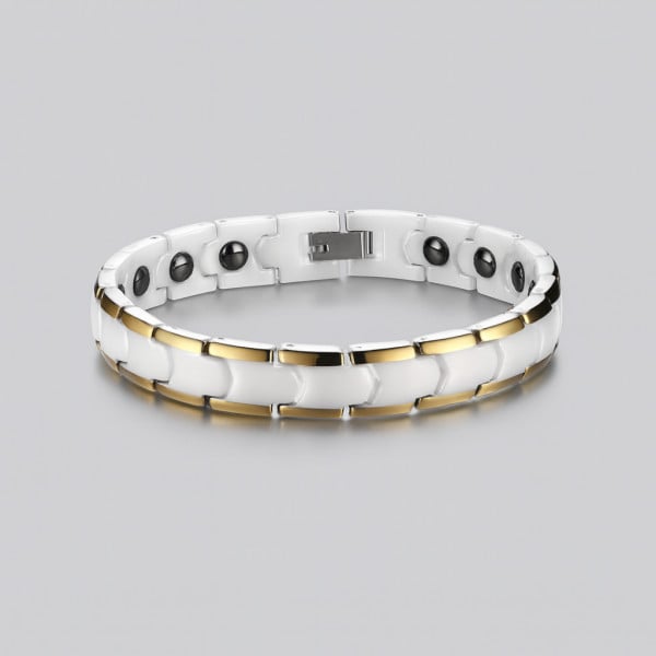 Pulsera de mujer de cerámica blanca pulida con bordes magnéticos dorados